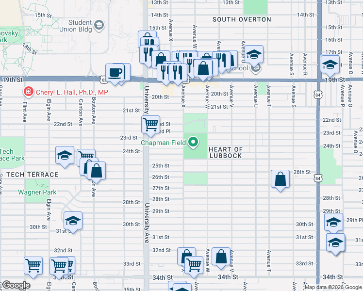 map of restaurants, bars, coffee shops, grocery stores, and more near 2401 23rd Street in Lubbock