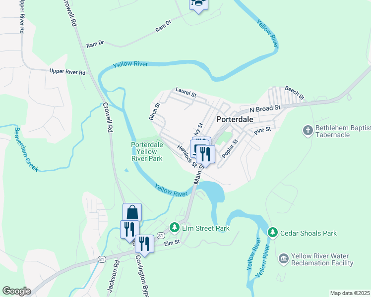 map of restaurants, bars, coffee shops, grocery stores, and more near 2 Hemlock Street in Porterdale