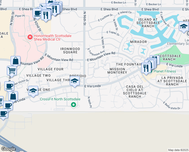 map of restaurants, bars, coffee shops, grocery stores, and more near 9707 East Mountain View Road in Scottsdale