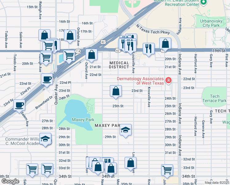 map of restaurants, bars, coffee shops, grocery stores, and more near 3803 23rd Street in Lubbock