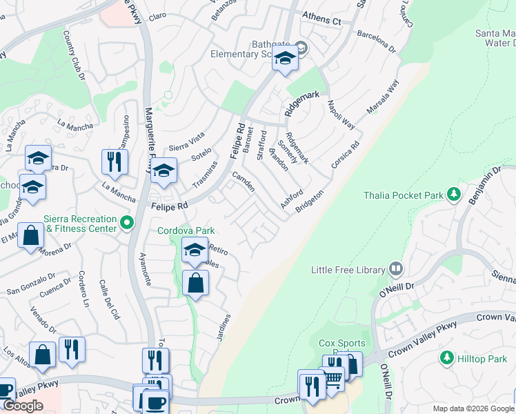 map of restaurants, bars, coffee shops, grocery stores, and more near 26824 Park Terrace Lane in Mission Viejo