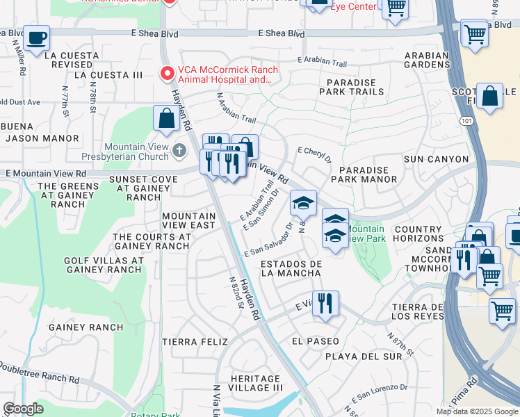 map of restaurants, bars, coffee shops, grocery stores, and more near 8328 East San Simon Drive in Scottsdale