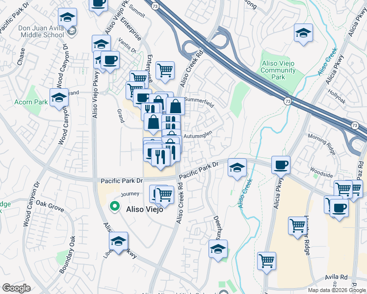 map of restaurants, bars, coffee shops, grocery stores, and more near 1 Matinee Court in Aliso Viejo