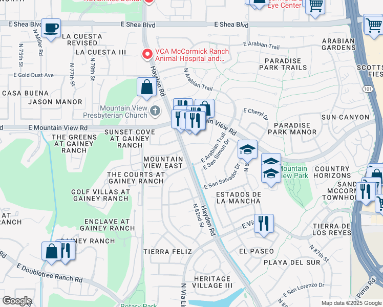 map of restaurants, bars, coffee shops, grocery stores, and more near 8250 East Arabian Trail in Scottsdale