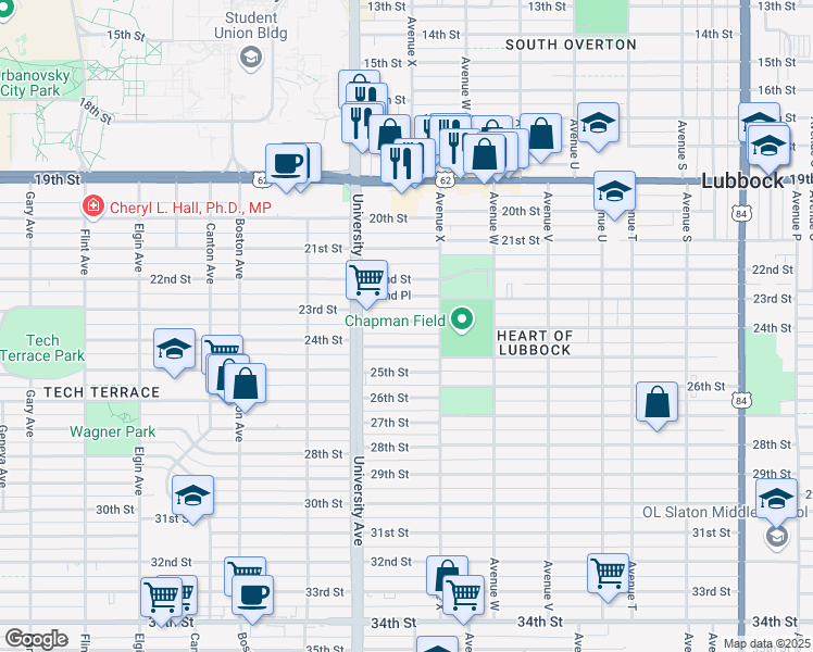 map of restaurants, bars, coffee shops, grocery stores, and more near 2415 23rd Street in Lubbock
