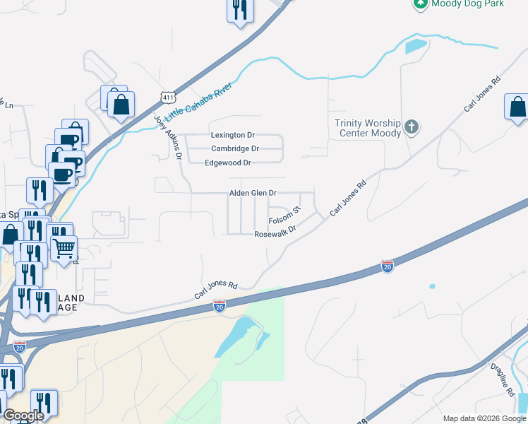 map of restaurants, bars, coffee shops, grocery stores, and more near 2511 Glen Lane in Moody