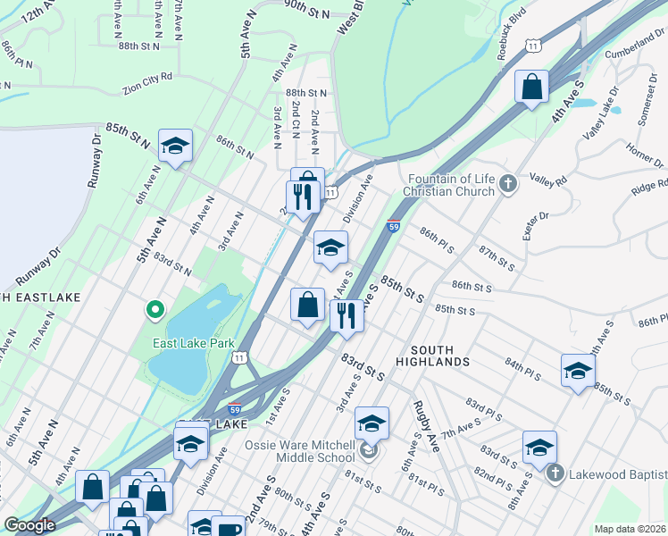 map of restaurants, bars, coffee shops, grocery stores, and more near 8400 1st Avenue South in Birmingham
