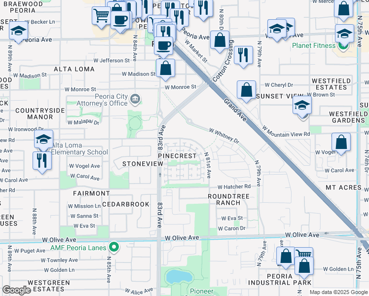 map of restaurants, bars, coffee shops, grocery stores, and more near 9686 North 82nd Lane in Peoria