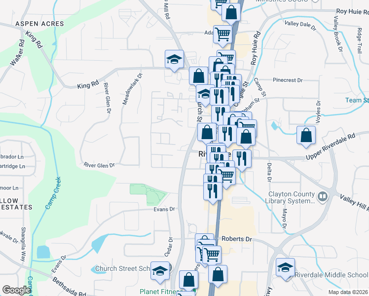 map of restaurants, bars, coffee shops, grocery stores, and more near 6653 Church Street in Riverdale