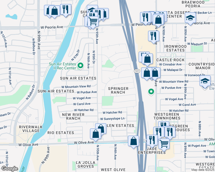 map of restaurants, bars, coffee shops, grocery stores, and more near 9464 West Purdue Avenue in Peoria