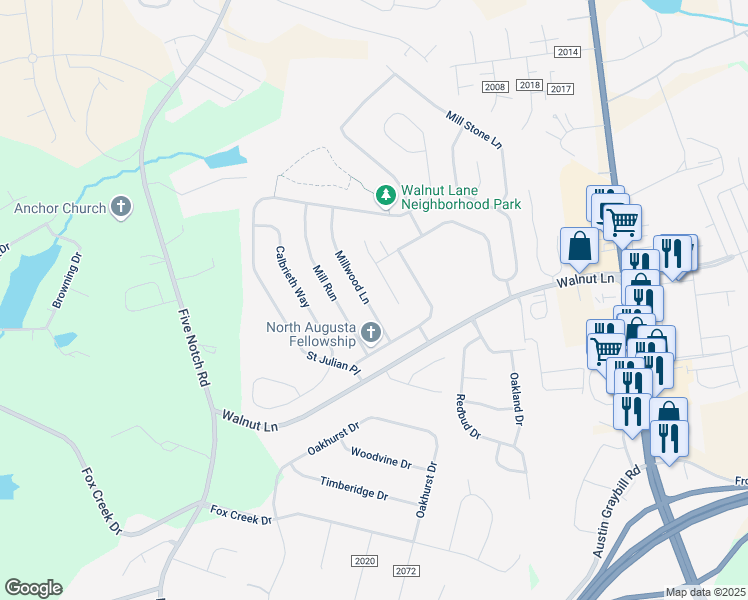 map of restaurants, bars, coffee shops, grocery stores, and more near 136 Millwood Lane in North Augusta