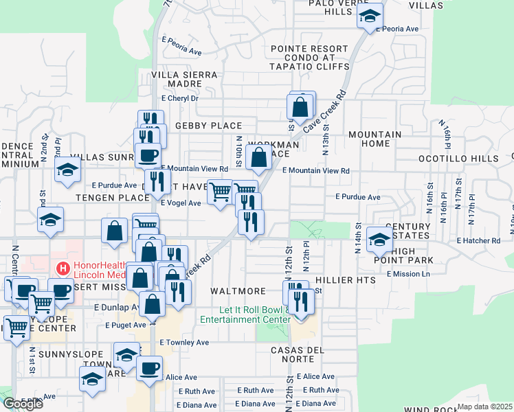 map of restaurants, bars, coffee shops, grocery stores, and more near 9605 North Cave Creek Road in Phoenix