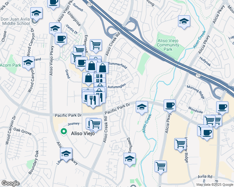 map of restaurants, bars, coffee shops, grocery stores, and more near 15 Bravo Lane in Aliso Viejo