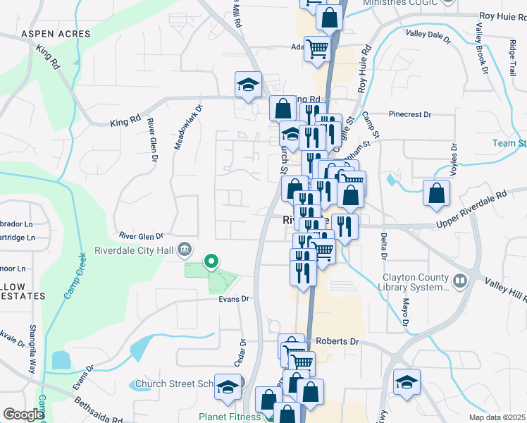 map of restaurants, bars, coffee shops, grocery stores, and more near 6653 Church Street in Riverdale