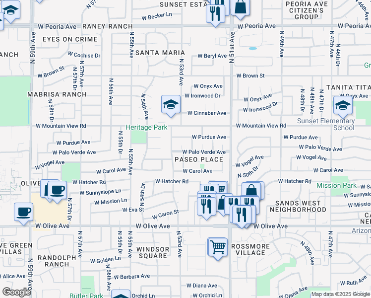 map of restaurants, bars, coffee shops, grocery stores, and more near 9609 North 52nd Lane in Glendale