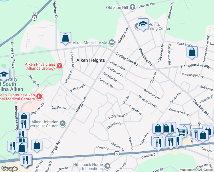 map of restaurants, bars, coffee shops, grocery stores, and more near 3513 Lawson Rd in Aiken