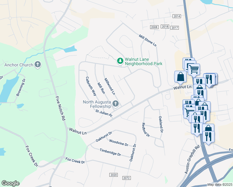 map of restaurants, bars, coffee shops, grocery stores, and more near 136 Millwood Lane in North Augusta