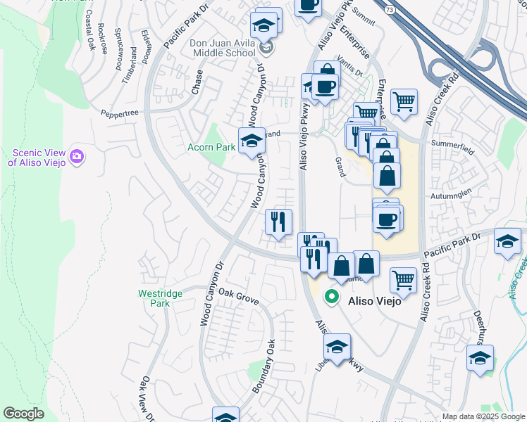 map of restaurants, bars, coffee shops, grocery stores, and more near 68 Plateau in Aliso Viejo
