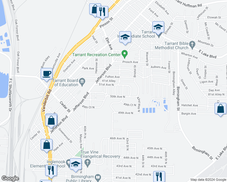 map of restaurants, bars, coffee shops, grocery stores, and more near 5012 42nd Place North in Birmingham