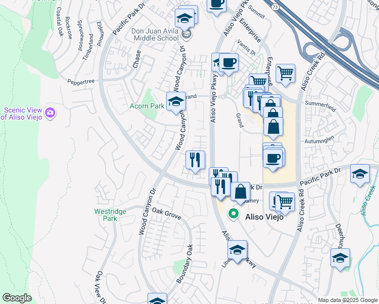 map of restaurants, bars, coffee shops, grocery stores, and more near 3 Picket Lane in Aliso Viejo