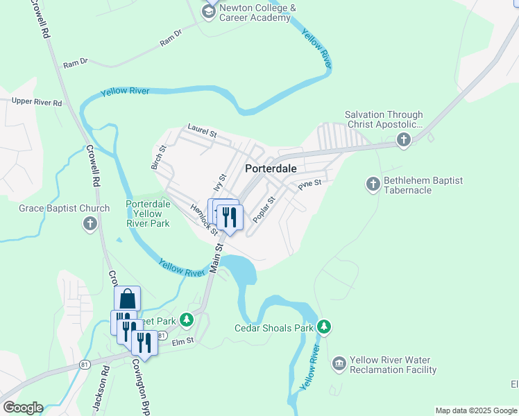 map of restaurants, bars, coffee shops, grocery stores, and more near 11 Poplar Street in Covington