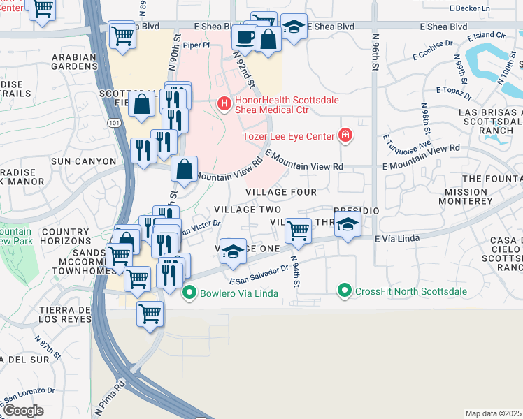 map of restaurants, bars, coffee shops, grocery stores, and more near 9125 East Purdue Avenue in Scottsdale
