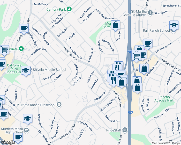 map of restaurants, bars, coffee shops, grocery stores, and more near 39969 Via Espana in Murrieta