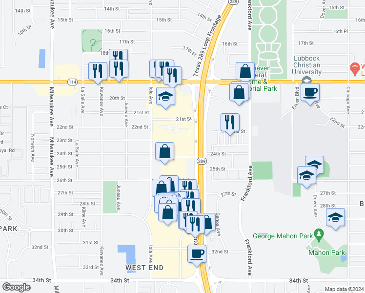 map of restaurants, bars, coffee shops, grocery stores, and more near 2302 West Loop 289 in Lubbock