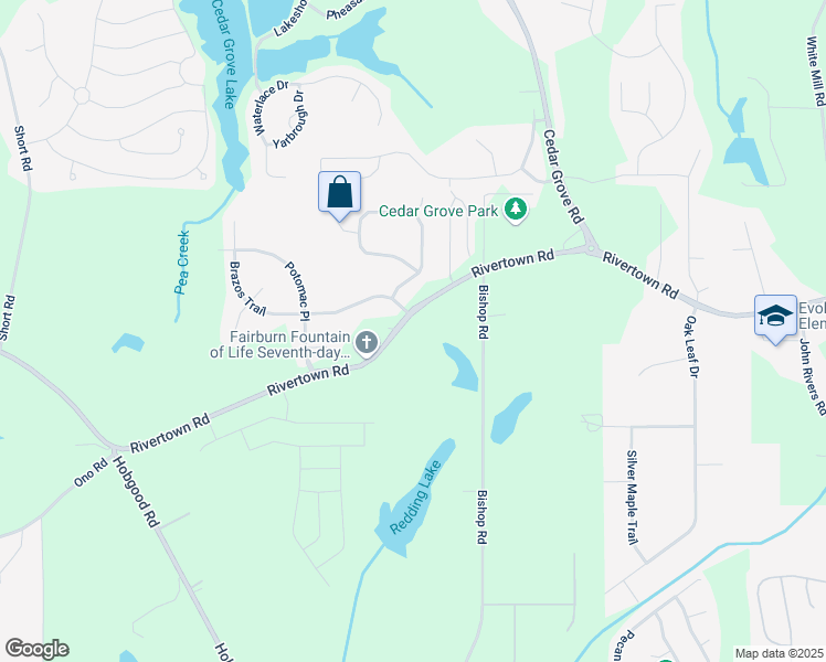 map of restaurants, bars, coffee shops, grocery stores, and more near 7580 RiverTown Road in Fairburn