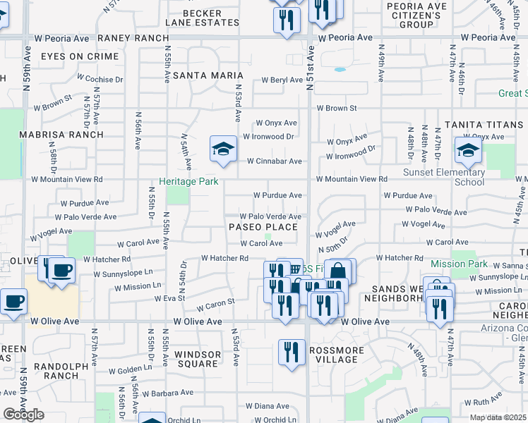 map of restaurants, bars, coffee shops, grocery stores, and more near 9614 N 52nd Ave in Glendale