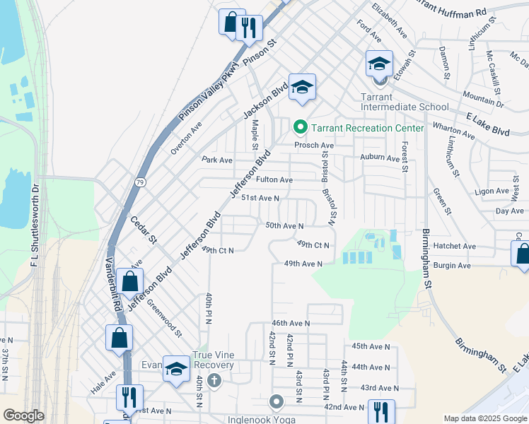 map of restaurants, bars, coffee shops, grocery stores, and more near 5009 41st Way North in Birmingham