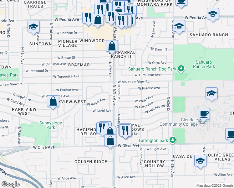 map of restaurants, bars, coffee shops, grocery stores, and more near 9618 North 66th Drive in Glendale