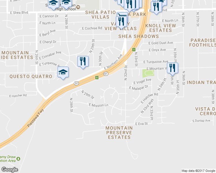map of restaurants, bars, coffee shops, grocery stores, and more near 9426 N Arroya Vista Dr W in Phoenix