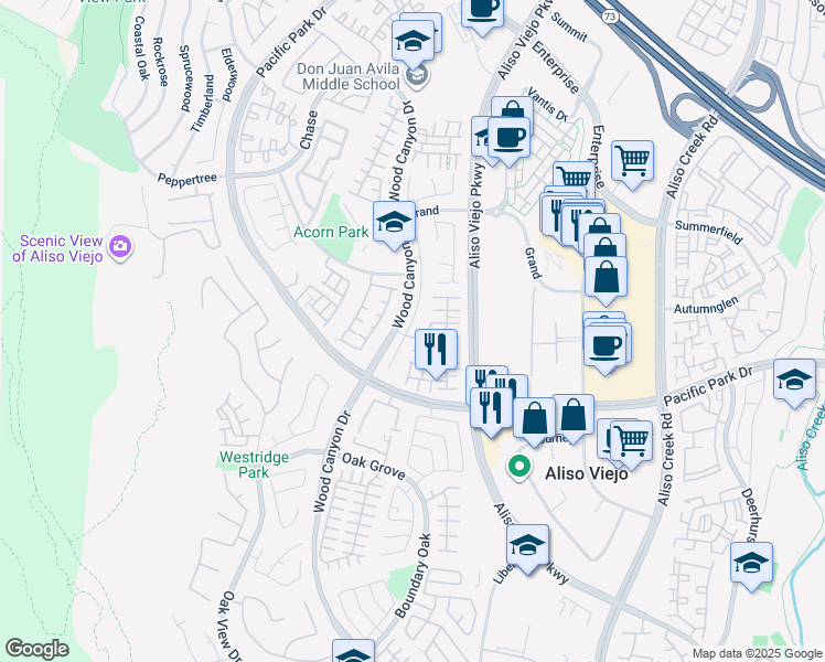 map of restaurants, bars, coffee shops, grocery stores, and more near 68 Plateau in Aliso Viejo