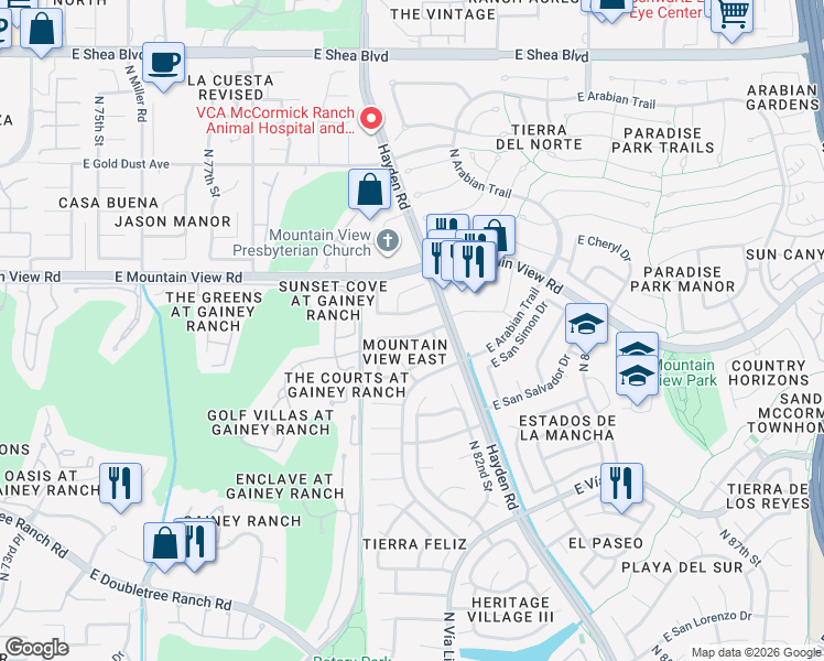 map of restaurants, bars, coffee shops, grocery stores, and more near 8026 East Del Timbre Drive in Scottsdale