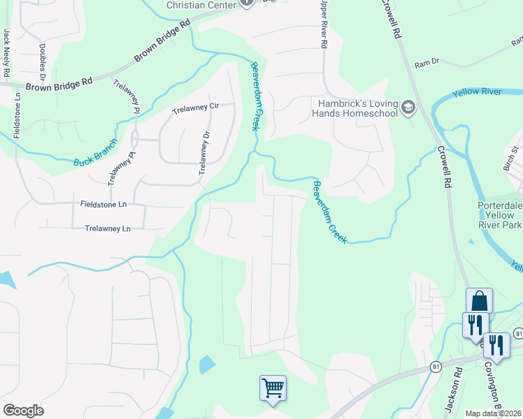 map of restaurants, bars, coffee shops, grocery stores, and more near 40 Tuesday Court in Covington
