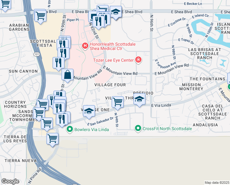 map of restaurants, bars, coffee shops, grocery stores, and more near 9550 North 94th Place in Scottsdale