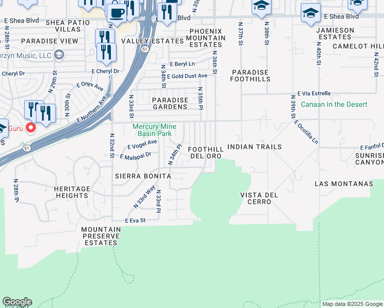map of restaurants, bars, coffee shops, grocery stores, and more near 9434 North 35th Street in Phoenix