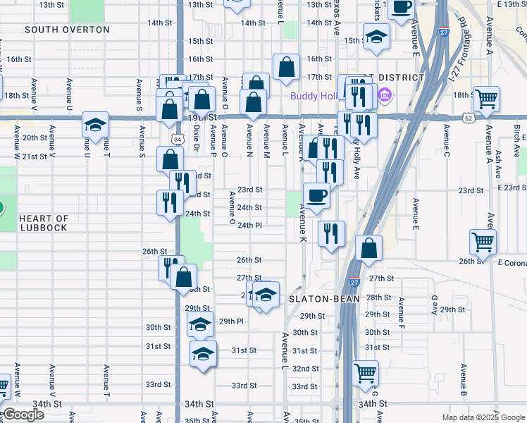 map of restaurants, bars, coffee shops, grocery stores, and more near 1401 24th Street in Lubbock