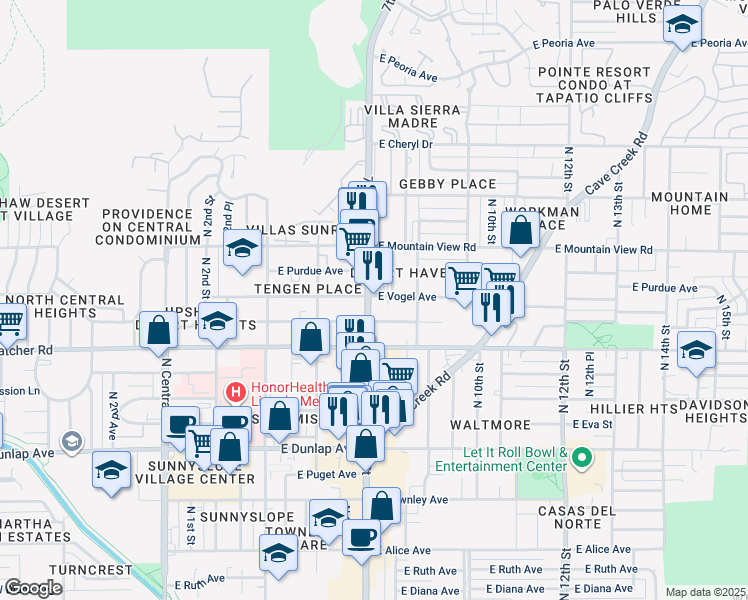 map of restaurants, bars, coffee shops, grocery stores, and more near 9521 North 7th Street in Phoenix