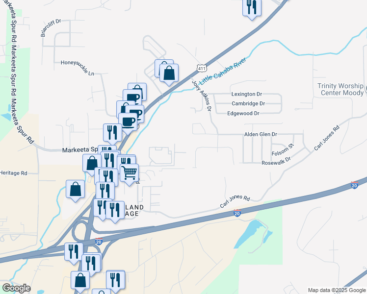 map of restaurants, bars, coffee shops, grocery stores, and more near 6421 Barrington Lane in Moody