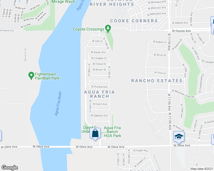 map of restaurants, bars, coffee shops, grocery stores, and more near 11548 West Purdue Avenue in Youngtown