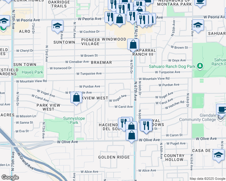 map of restaurants, bars, coffee shops, grocery stores, and more near 9756 North 68th Drive in Peoria
