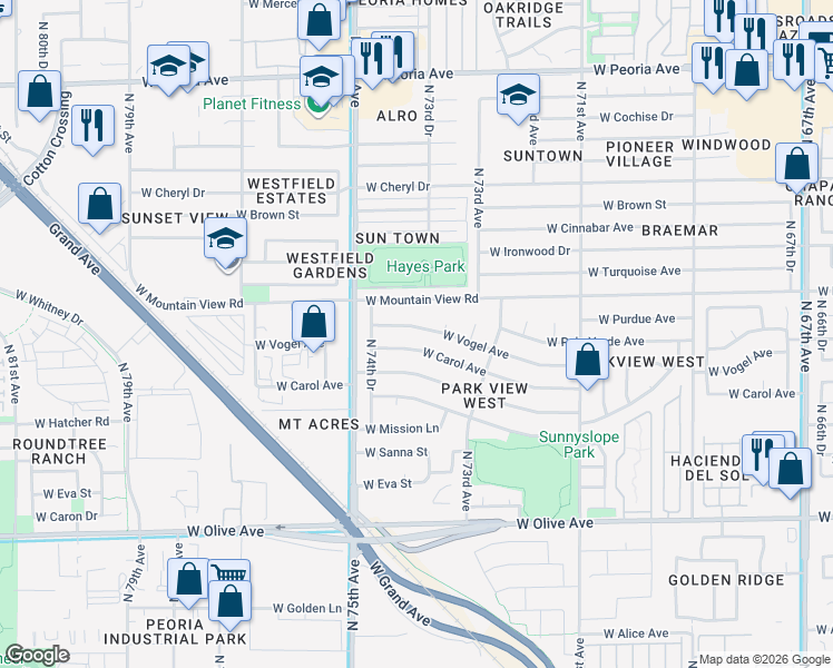 map of restaurants, bars, coffee shops, grocery stores, and more near 7411 West Vogel Avenue in Peoria
