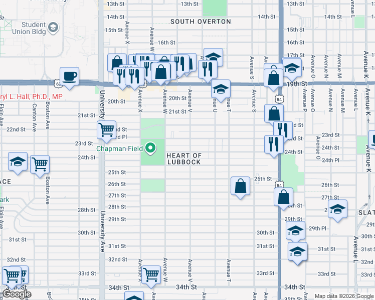 map of restaurants, bars, coffee shops, grocery stores, and more near 2204 24th Street in Lubbock