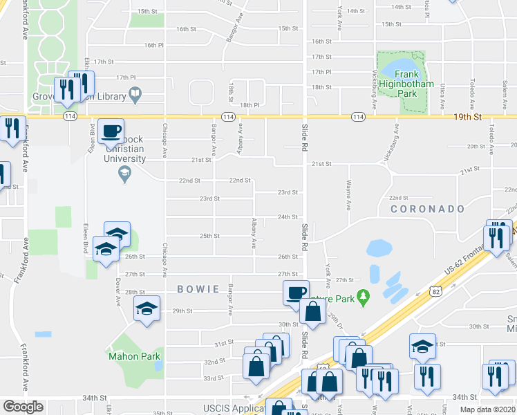 map of restaurants, bars, coffee shops, grocery stores, and more near 2302 Slide Road in Lubbock