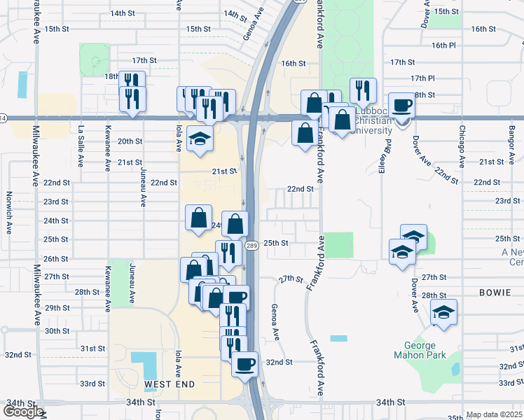 map of restaurants, bars, coffee shops, grocery stores, and more near 5818 24th St in Lubbock