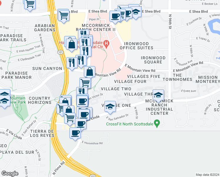 map of restaurants, bars, coffee shops, grocery stores, and more near 9115 East Purdue Avenue in Scottsdale