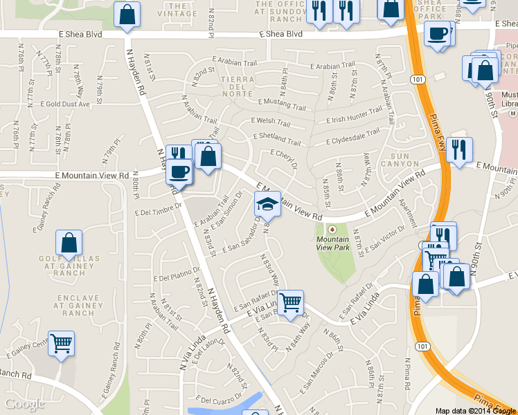 map of restaurants, bars, coffee shops, grocery stores, and more near 8375 East San Salvador Drive in Scottsdale