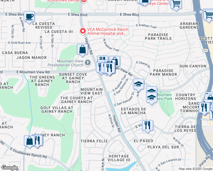 map of restaurants, bars, coffee shops, grocery stores, and more near 8250 Arabian Trail in Scottsdale